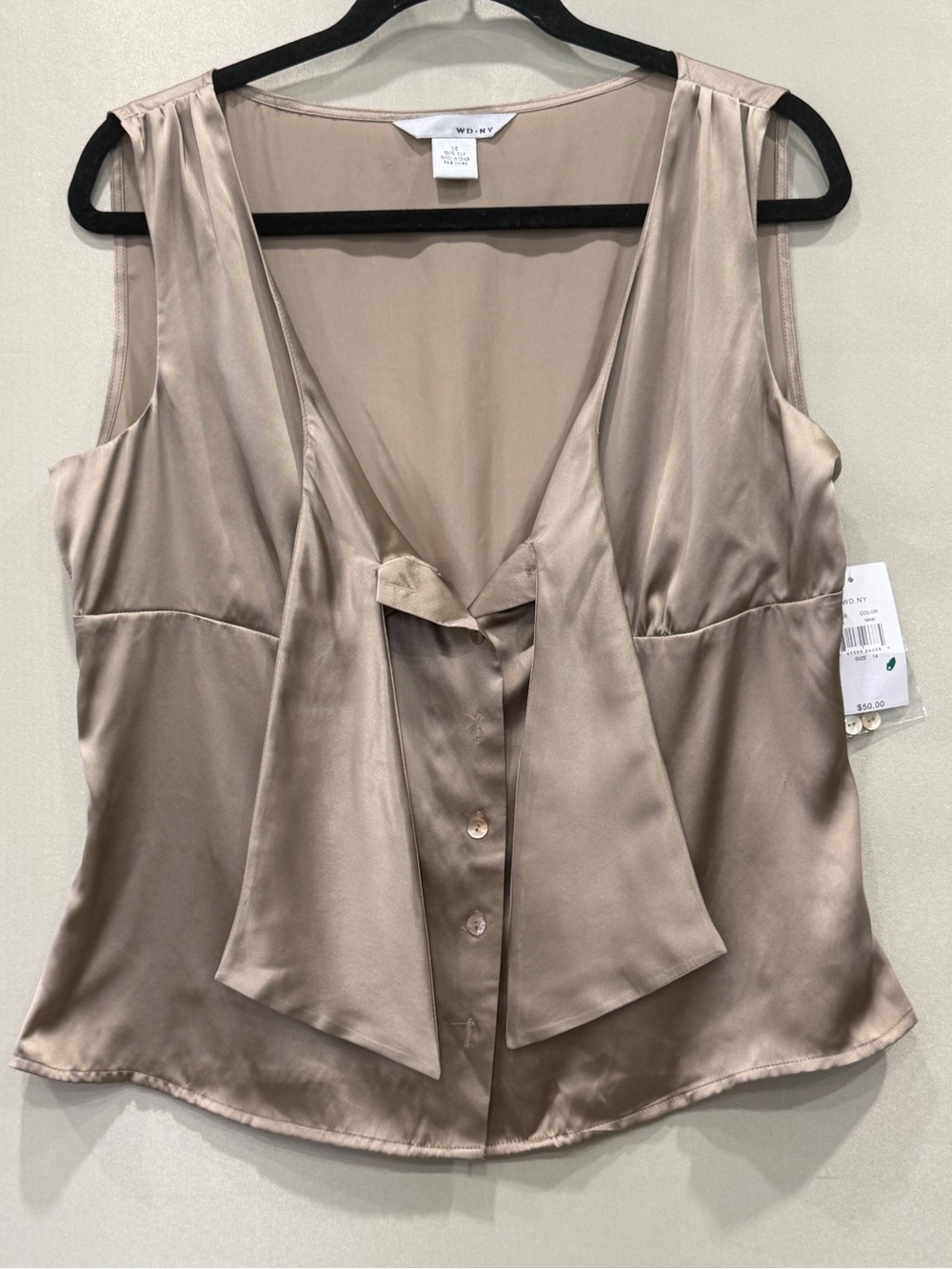 WD.NY Satin Tie-Front Sleeveless Blouse - Taupe